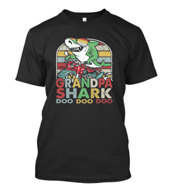 Grandpa Shark Doo Doo Doo On Motorcycle With Retro Sunglasses T-Shirt