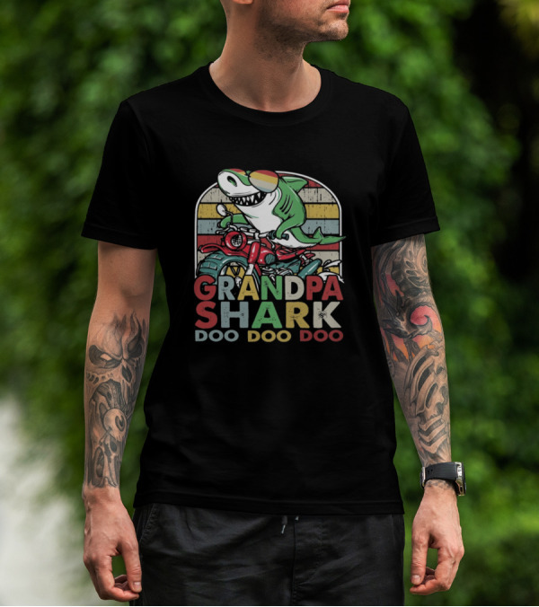 Grandpa Shark Doo Doo Doo On Motorcycle With Retro Sunglasses T-Shirt