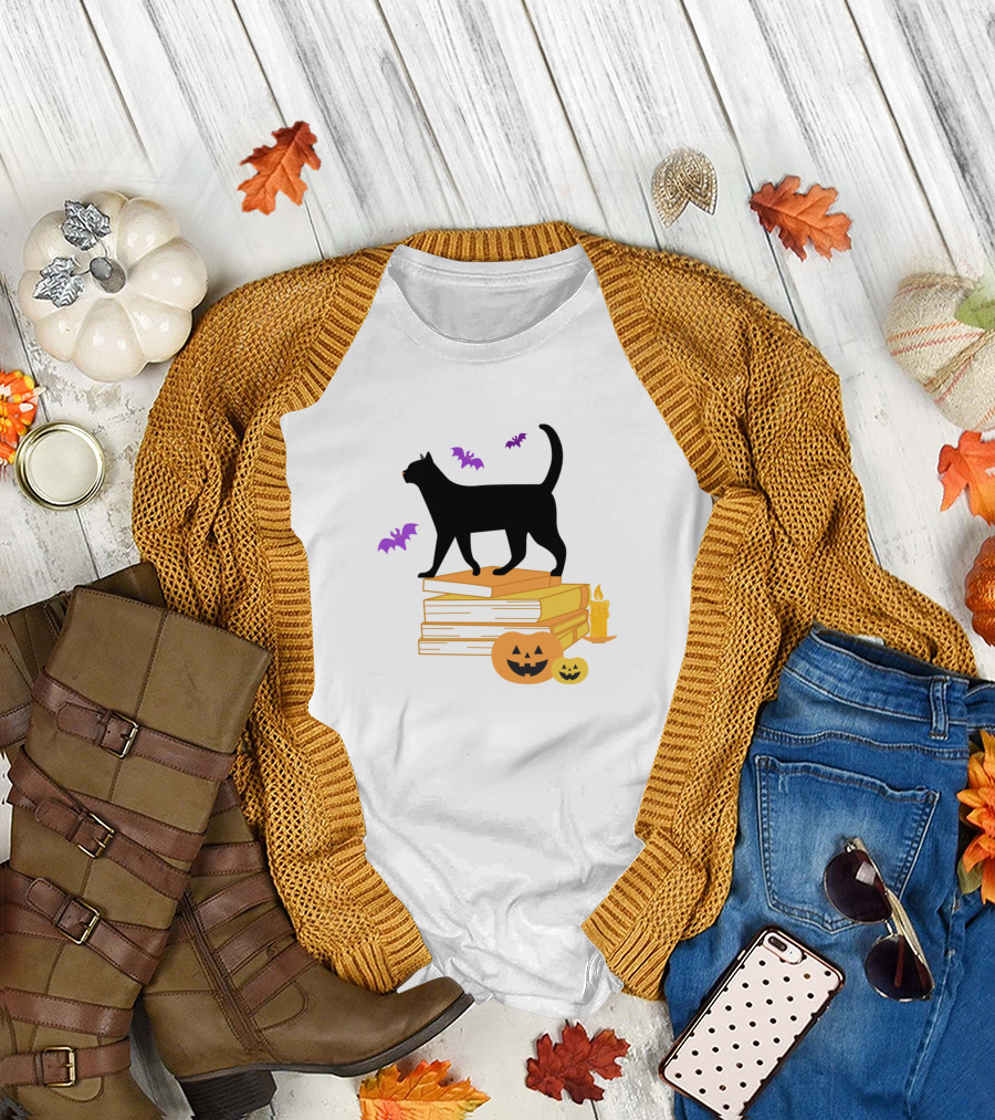 Halloween Cat with Books and Pumpkins T-Shirt