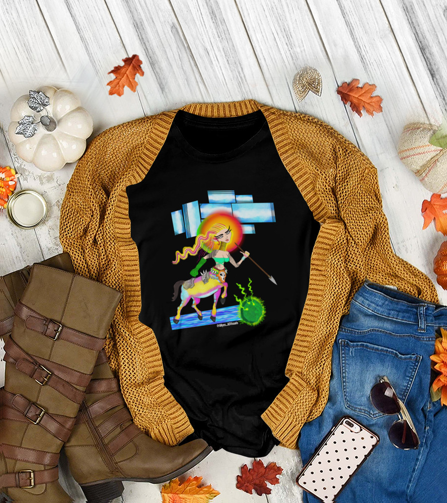 Elvish Centauride Warrior Wielding Spear and Shield with Radiant Halo by Alyex Asvisuals T-Shirt