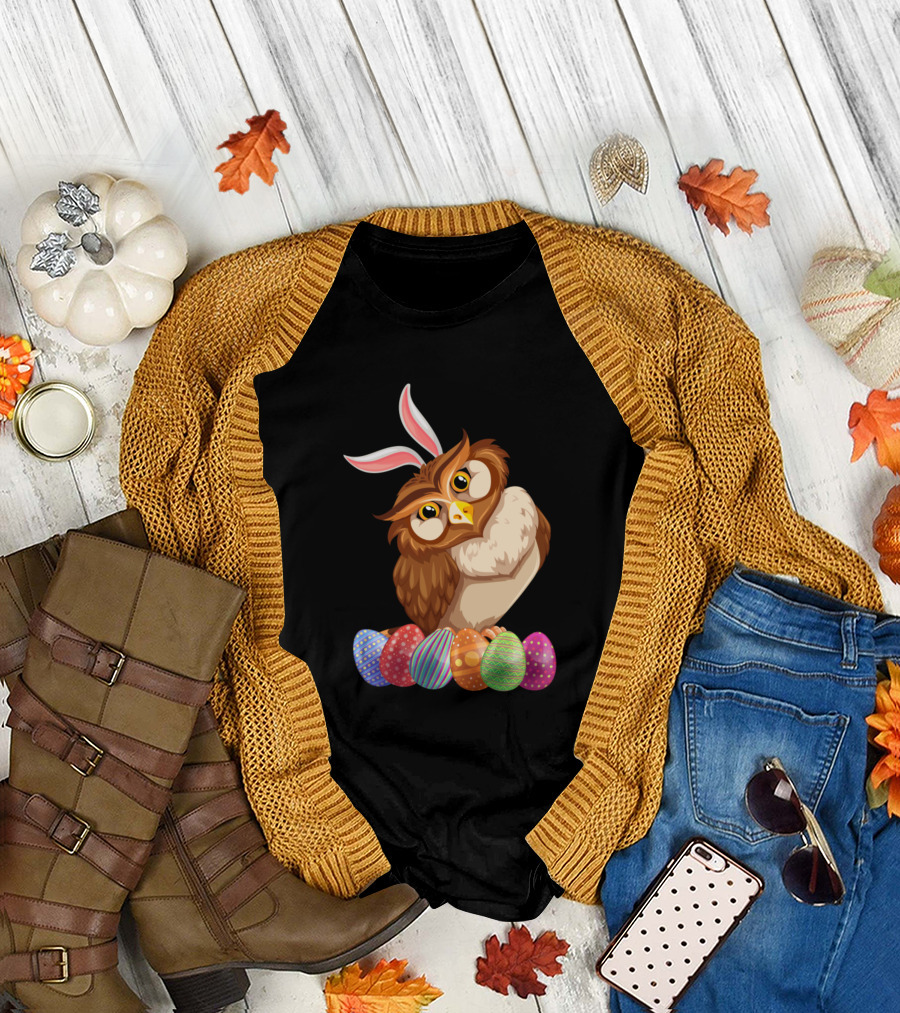 Fun Easter Day Owl Bunny Ear Egg Hunting Rabbit T-Shirt
