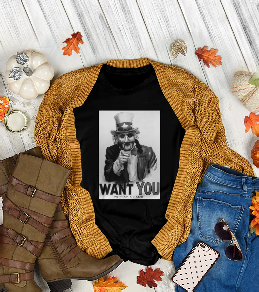 WANT YOU TO PLAY A GAME Uncle Sam Saw Halloween Monster Mashup T-Shirt
