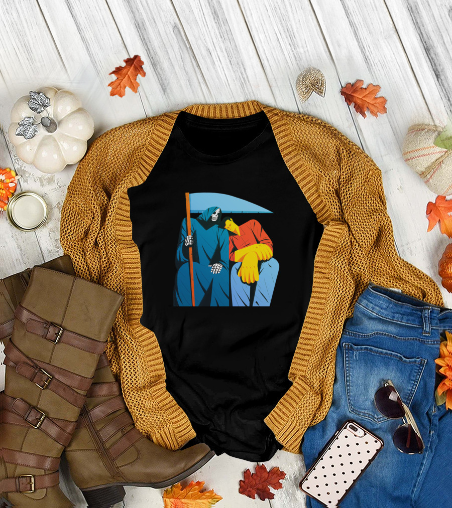Angel Of Death Grim Reaper Skeleton With Scythe and Human Companion T-Shirt