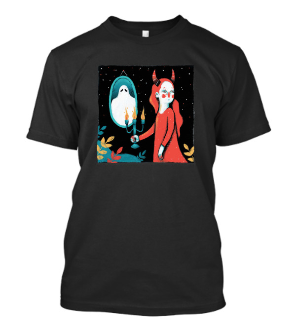 Ghost Mirror Horned Figure With Candles In Starry Night Scene T-Shirt