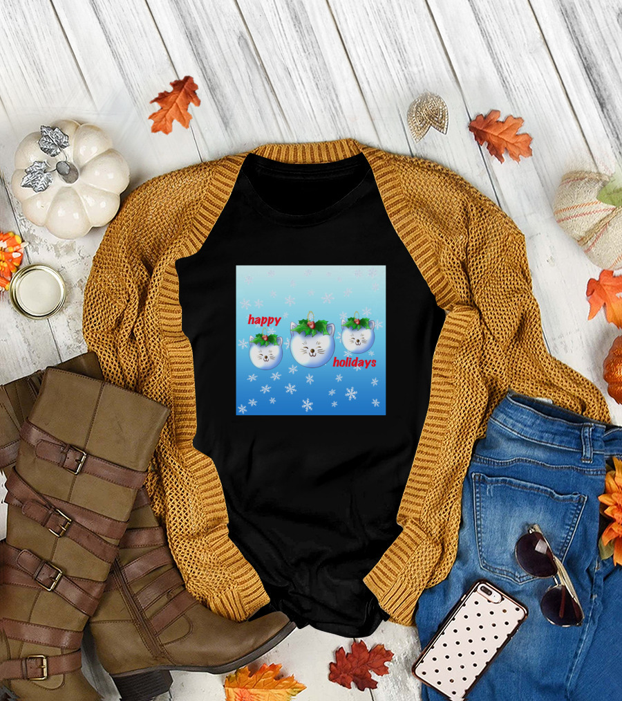 Happy Holidays Cute Blue Cat Christmas Tree Decoration T-Shirt