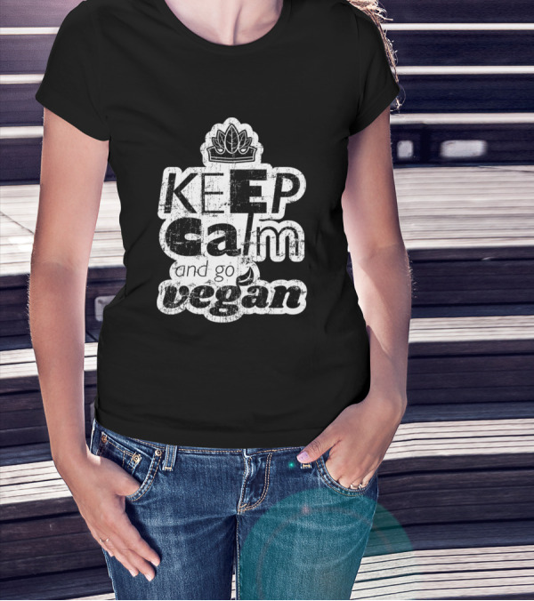 Keep Calm And Go Vegan Grunge Black And White Lotus T-Shirt