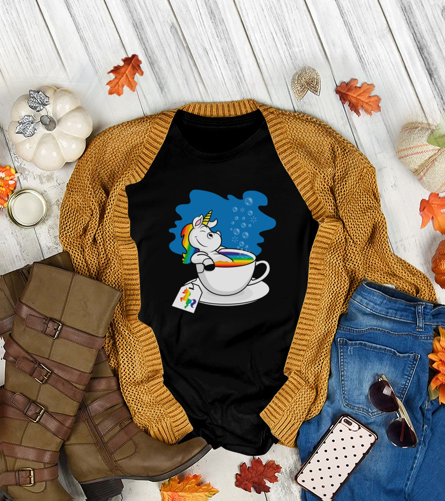 Relaxing Unicorn Bathing in Rainbow Tea Cup with Rainbow Tag T-Shirt