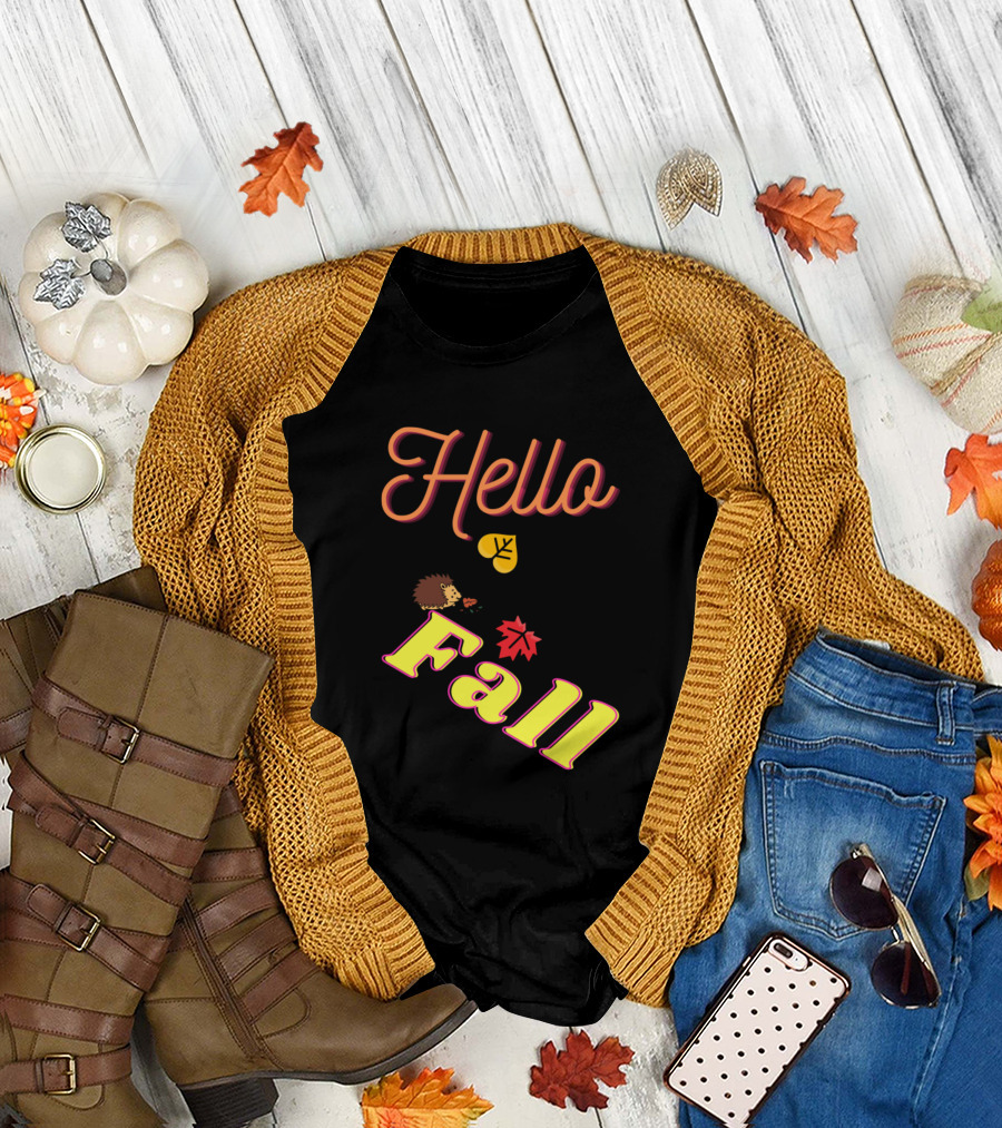 Hello Fall with Hedgehog and Falling Leaves T-Shirt