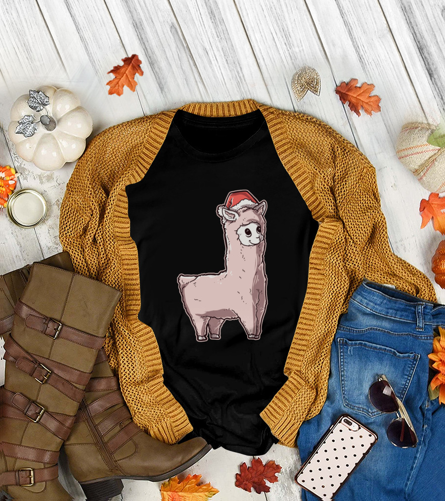 Christmas Llama With Santa Hat T-Shirt