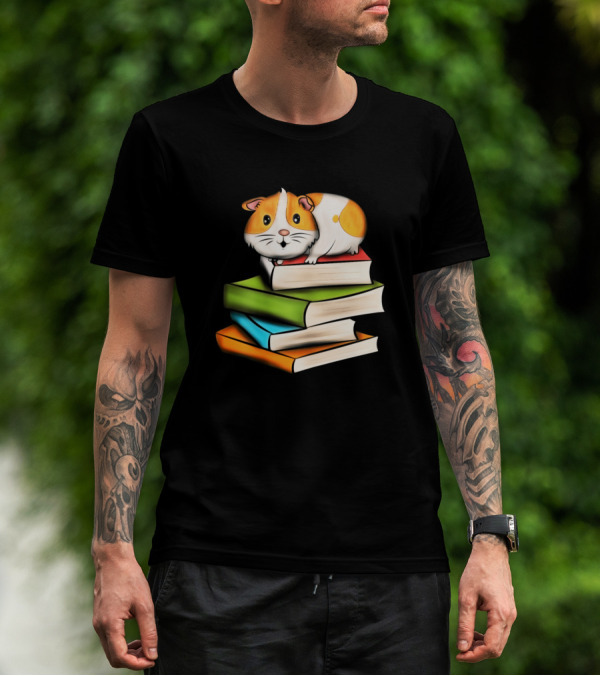 Cute Guinea Pig Animals On Book Stack Fun T-Shirt