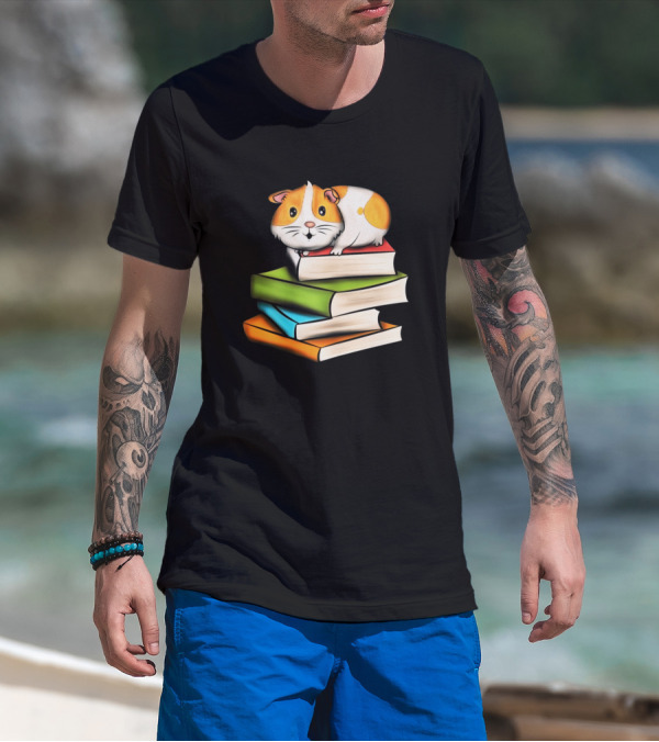 Cute Guinea Pig Animals On Book Stack Fun T-Shirt