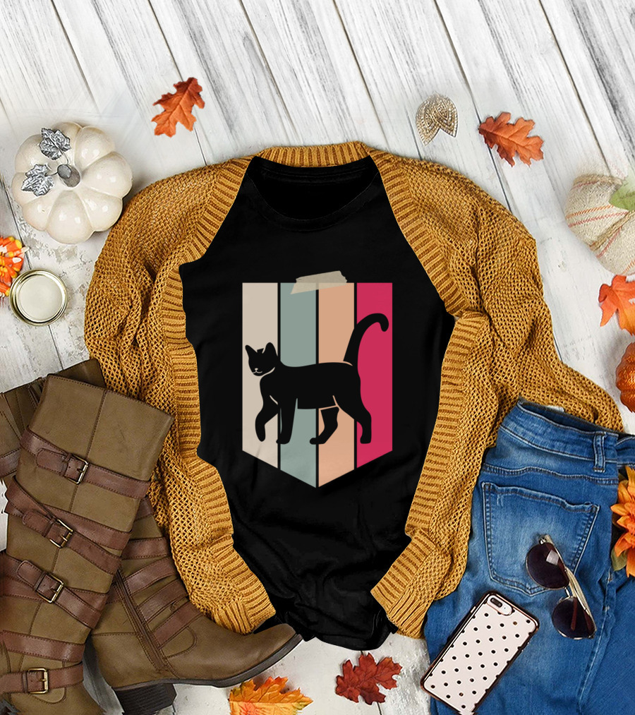 Funny Cats Retro Silhouette on Colorful Stripes T-Shirt