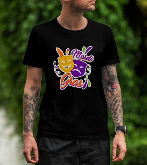 Mardi Gras Comedy And Tragedy Masks Feathers T-Shirt