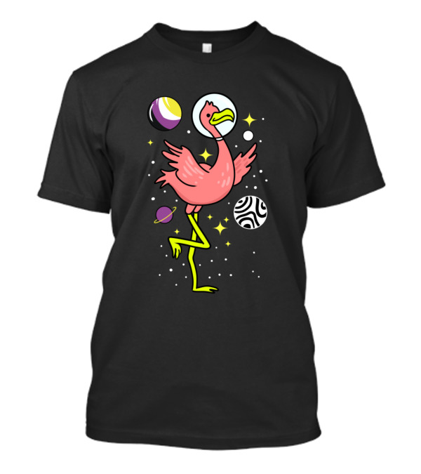 Non Binary Flamingo In Outer Space With Planets And Stars For Non Binary Visibility T-Shirt