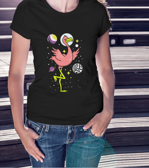 Non Binary Flamingo In Outer Space With Planets And Stars For Non Binary Visibility T-Shirt