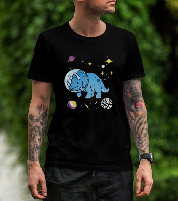 Non Binary Triceratops Floating Among Stars And Planets In Space T-Shirt