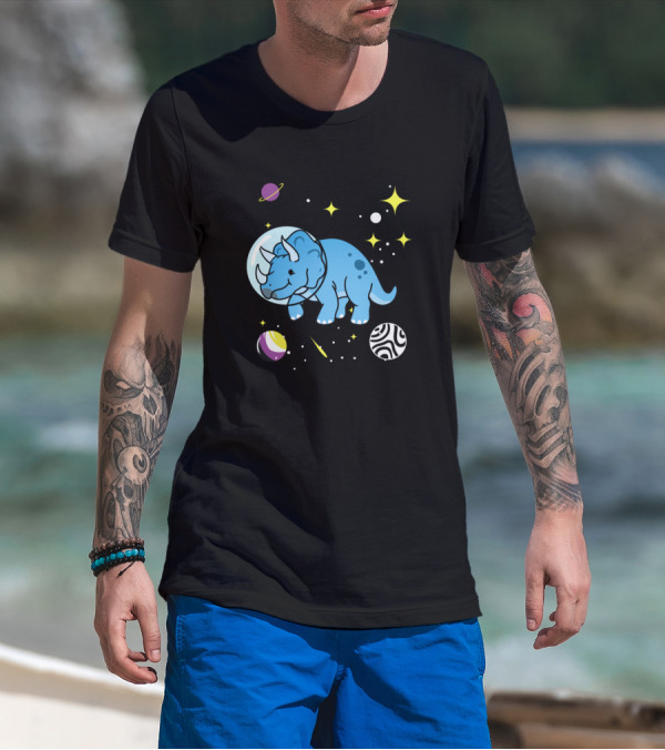 Non Binary Triceratops Floating Among Stars And Planets In Space T-Shirt