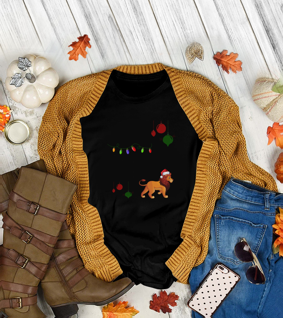 Lion Around the Christmas Tree with Festive Lights and Ornaments T-Shirt