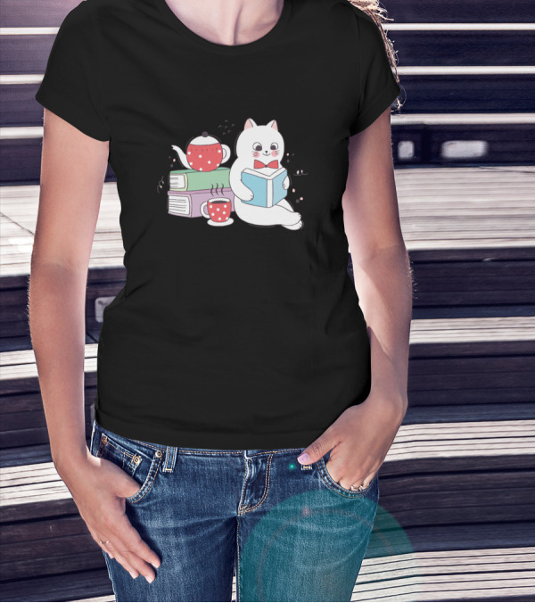 Cats Cute Cat Coffee Book Funny Kitty Reading Tea Books T-Shirt
