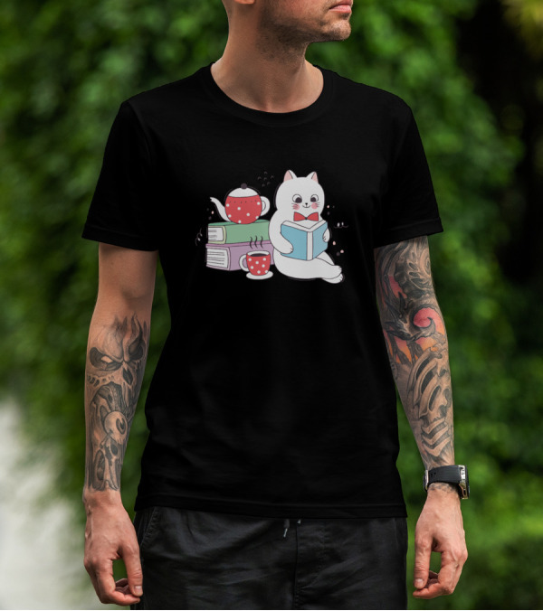 Cats Cute Cat Coffee Book Funny Kitty Reading Tea Books T-Shirt