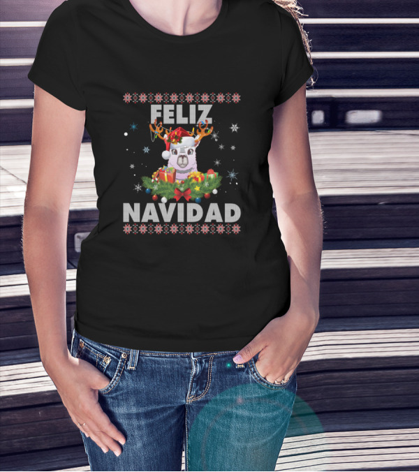 Feliz Navidad Llama Santa Hat Antlers Bow Presents Snowflakes T-Shirt