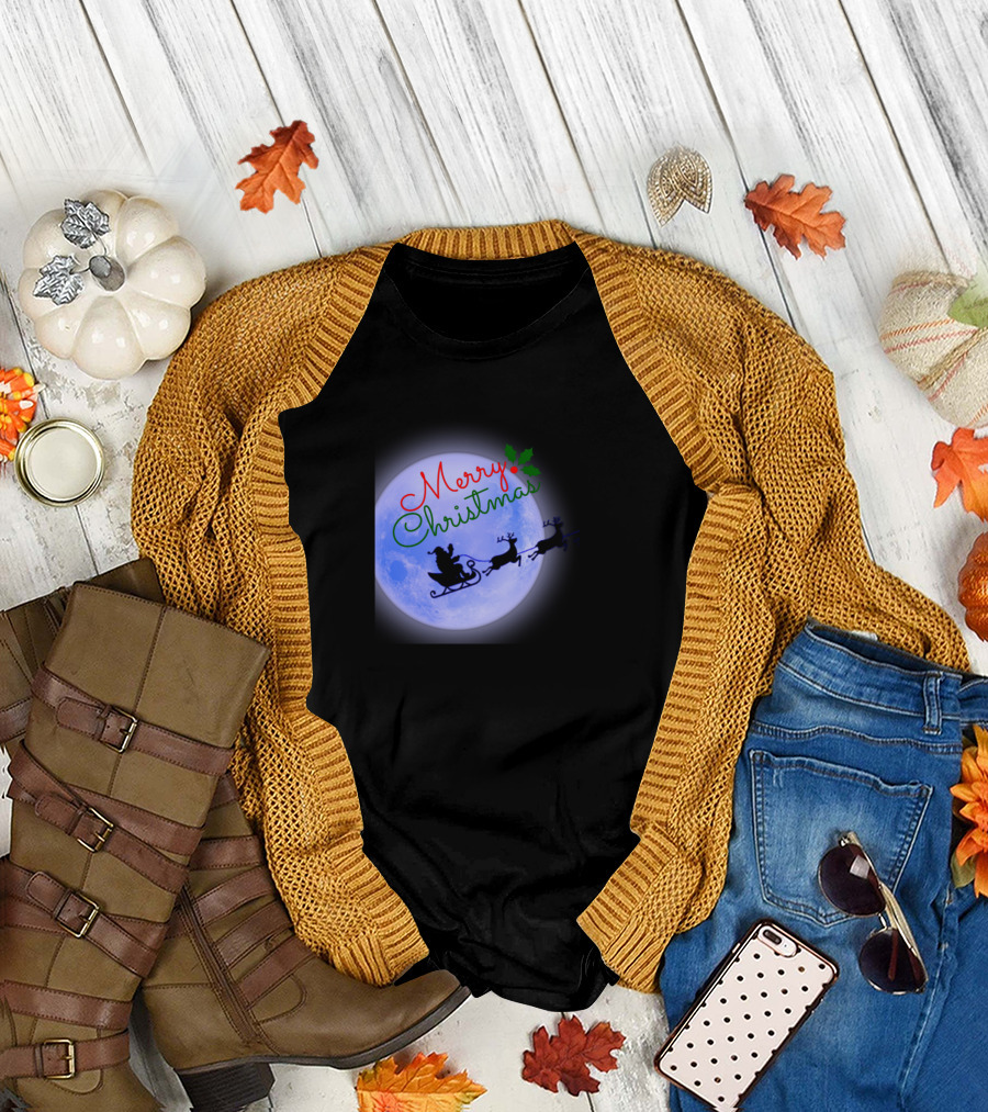 Merry Christmas Santa Claus Sleigh Silhouette in Front of Full Moon T-Shirt
