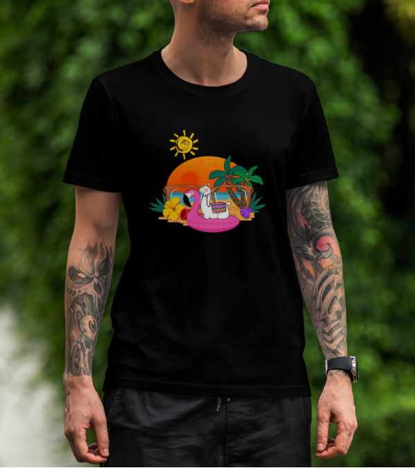 Funny Llama On Flamingo Float Tropical Summer Vacation Beach Scene T-Shirt
