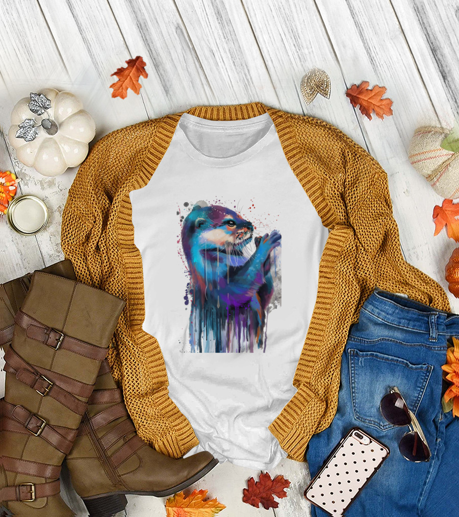 Otter Watercolor Drip Art Colorful Abstract T-Shirt