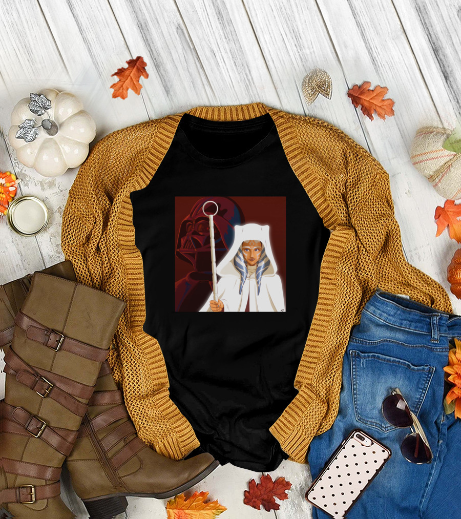 Ahsoka Tano White Cloak with Darth Vader Background T-Shirt
