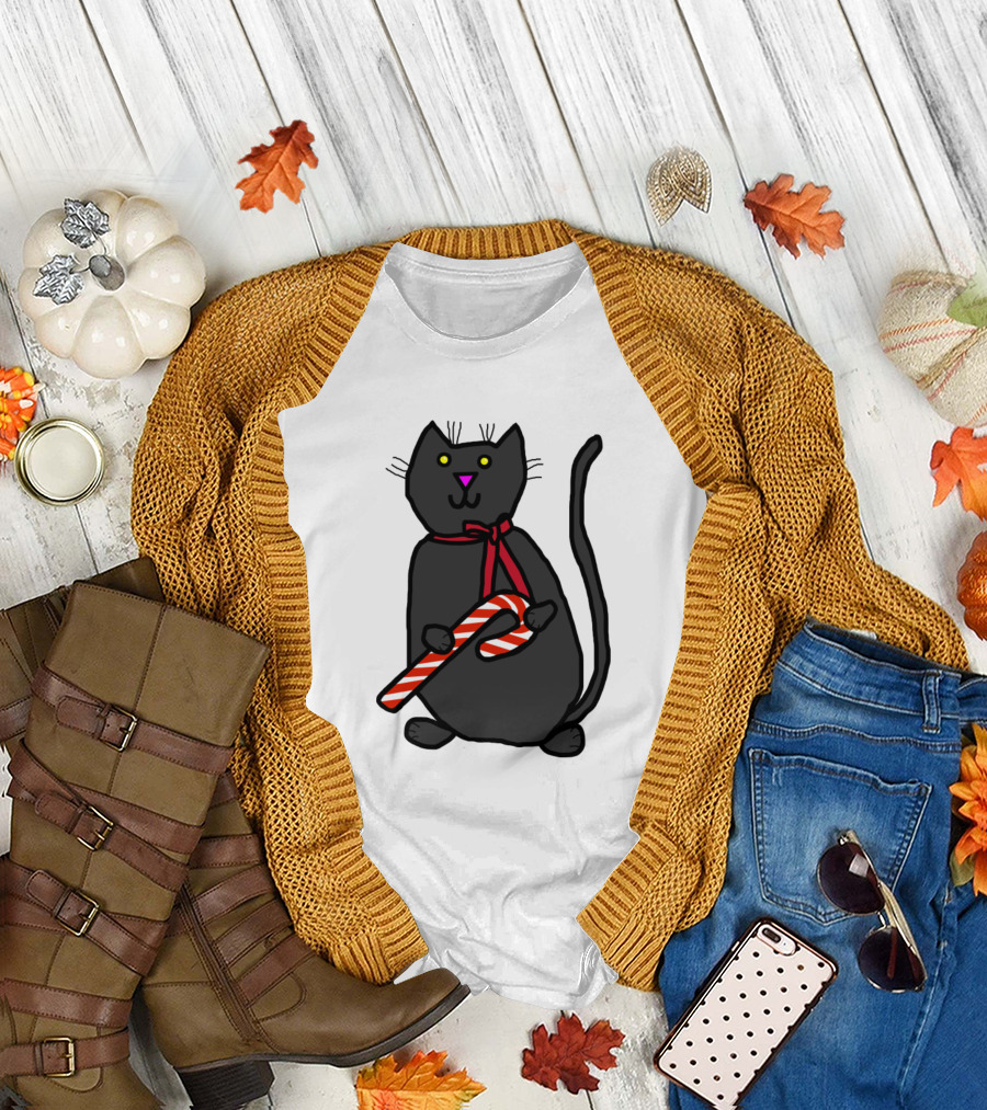 Christmas Kitty Holding Candy Cane With Festive Red T-Shirt