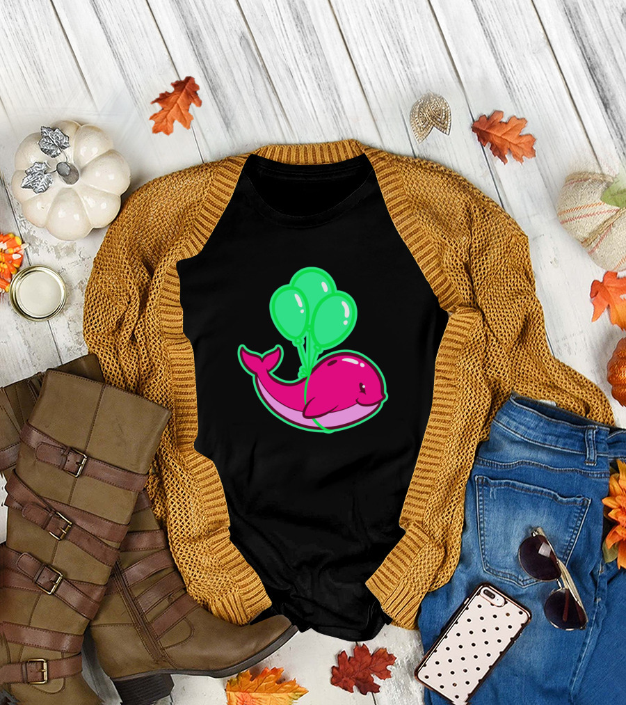 Cute Whale with Green Balloons Floating T-Shirt