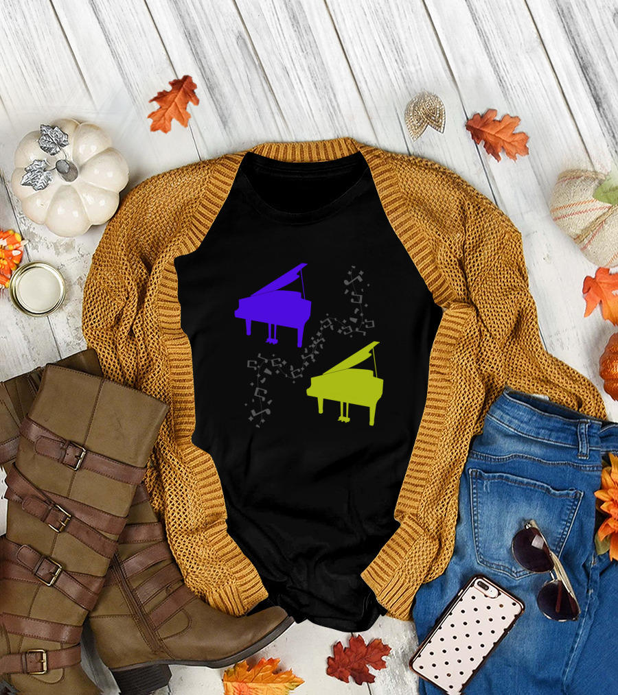 Dog Heart Funny Paw Colorful Pianos Musical Notes T-Shirt