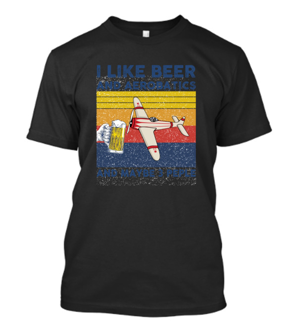 I Like Beer Aerobatics Maybe 3 Peple Vintage Airplane Beer Mug Retro Stripes T-Shirt