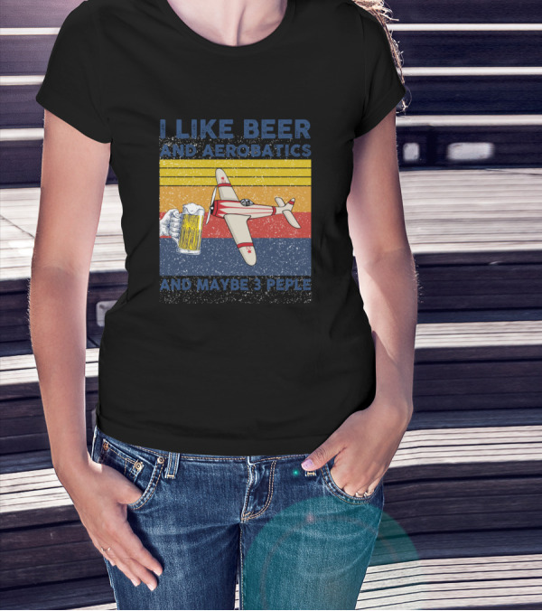 I Like Beer Aerobatics Maybe 3 Peple Vintage Airplane Beer Mug Retro Stripes T-Shirt