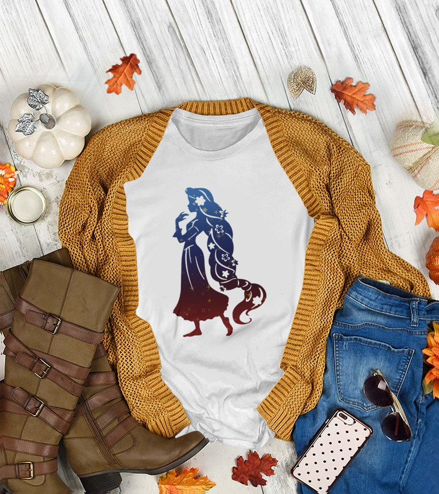 Rapunzel Galaxy Silhouette with Stars and Flowers T-Shirt