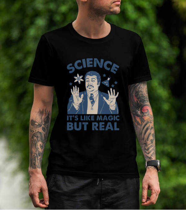 Science It's Like Magic But Real Neil Degrasse Tyson Illustration With Stars And Science Icons T-Shirt