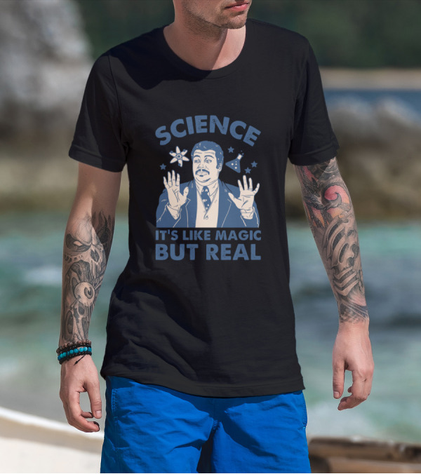 Science It's Like Magic But Real Neil Degrasse Tyson Illustration With Stars And Science Icons T-Shirt