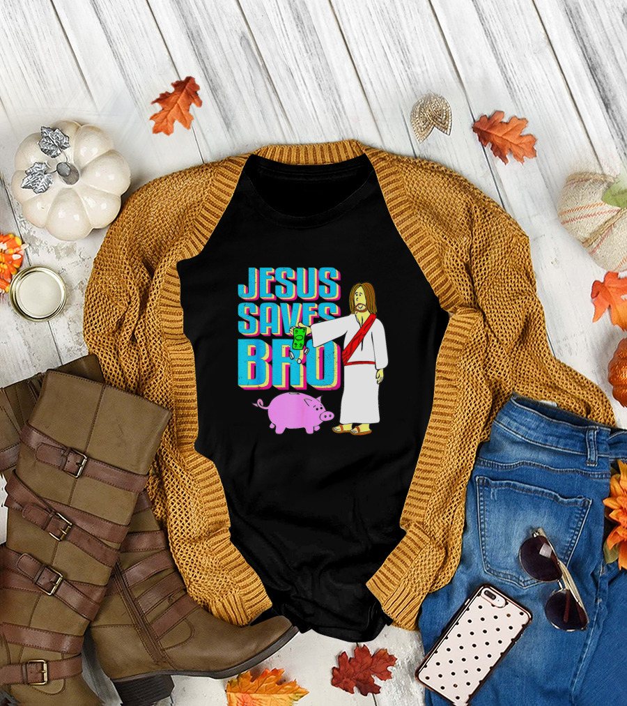 Jesus Saves Bro Cartoon Style Money Pig Bank T-Shirt