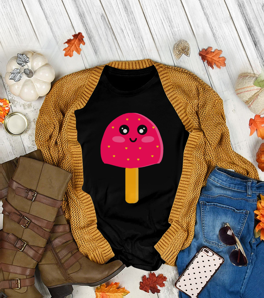 Pink Strawberry Ice Cream Cute Kawaii Heart Faces T-Shirt