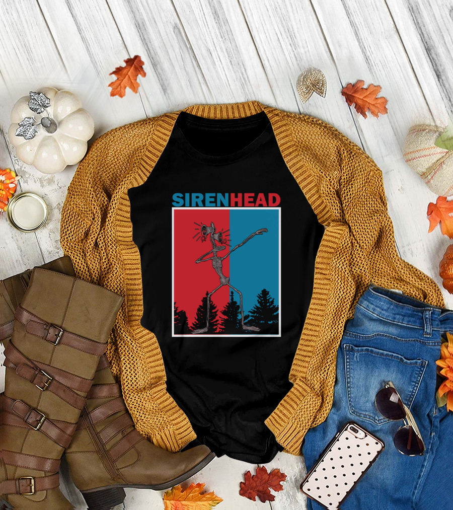 Siren Head Dabbing in Creepy Forest Red and Blue Split Background T-Shirt