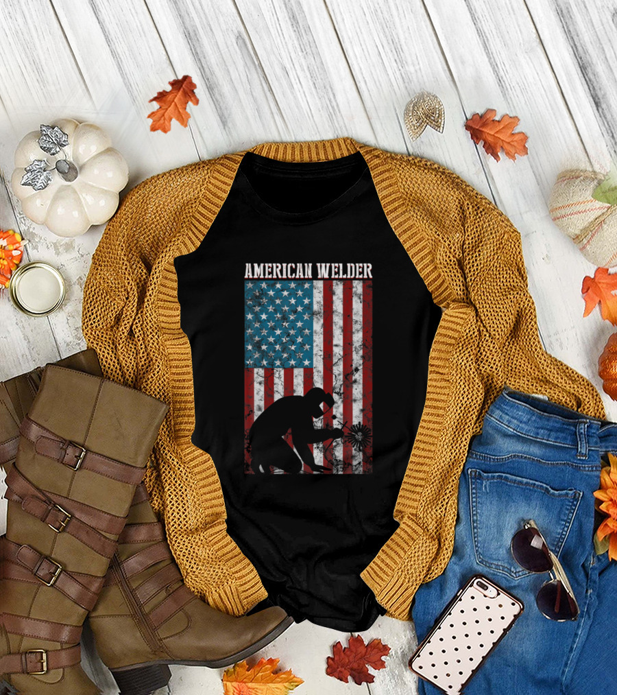 American Welder Vintage Distressed American Flag Patriotic T-Shirt