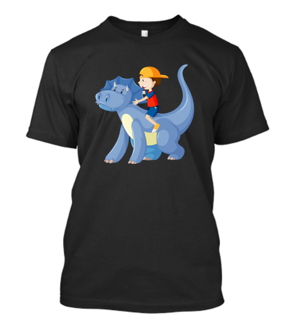 Boy Riding On Blue Dinosaur Cartoon Character In Yellow Cap And Red T-Shirt