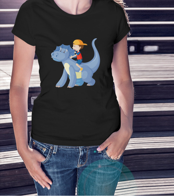 Boy Riding On Blue Dinosaur Cartoon Character In Yellow Cap And Red T-Shirt