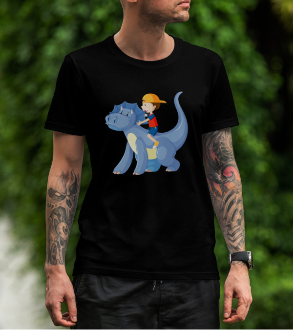 Boy Riding On Blue Dinosaur Cartoon Character In Yellow Cap And Red T-Shirt