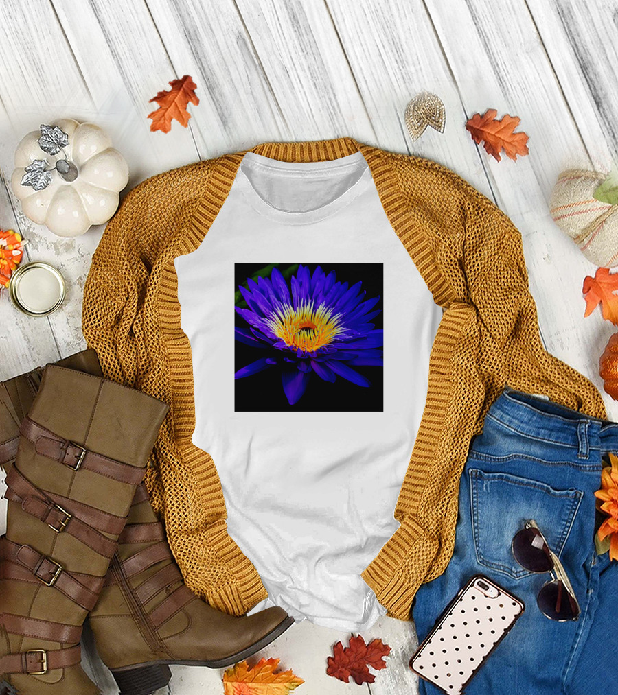Blue Lily Vibrant Bloom Dark Background Essence T-Shirt