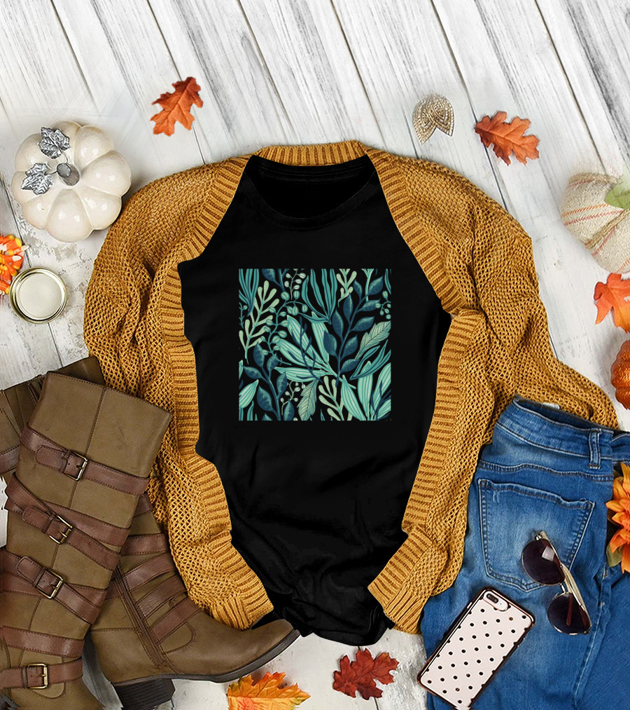 Leaves Green Black Botanical Abstract T-Shirt