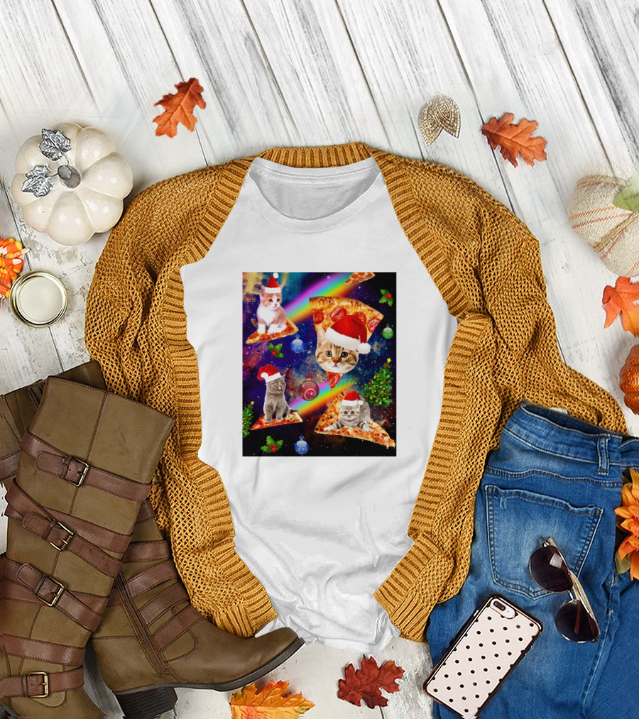 Outer Space Christmas Cats With Santa Hats Riding Pizza In Galaxy With Christmas Ornaments And Rainbow T-Shirt