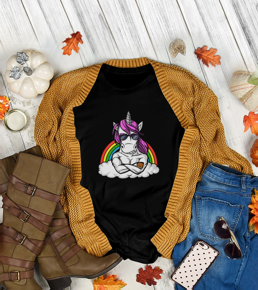 Unicorn Fitness Gym Bodybuilding Rainbow Sunglasses Muscular Cloud T-Shirt