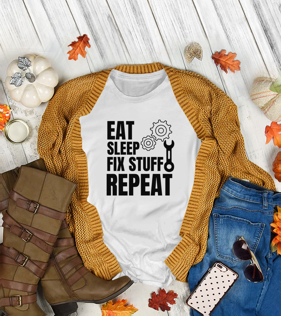 Eat Sleep Fix Stuff Repeat Gear Wrench Mechanic Cycle T-Shirt