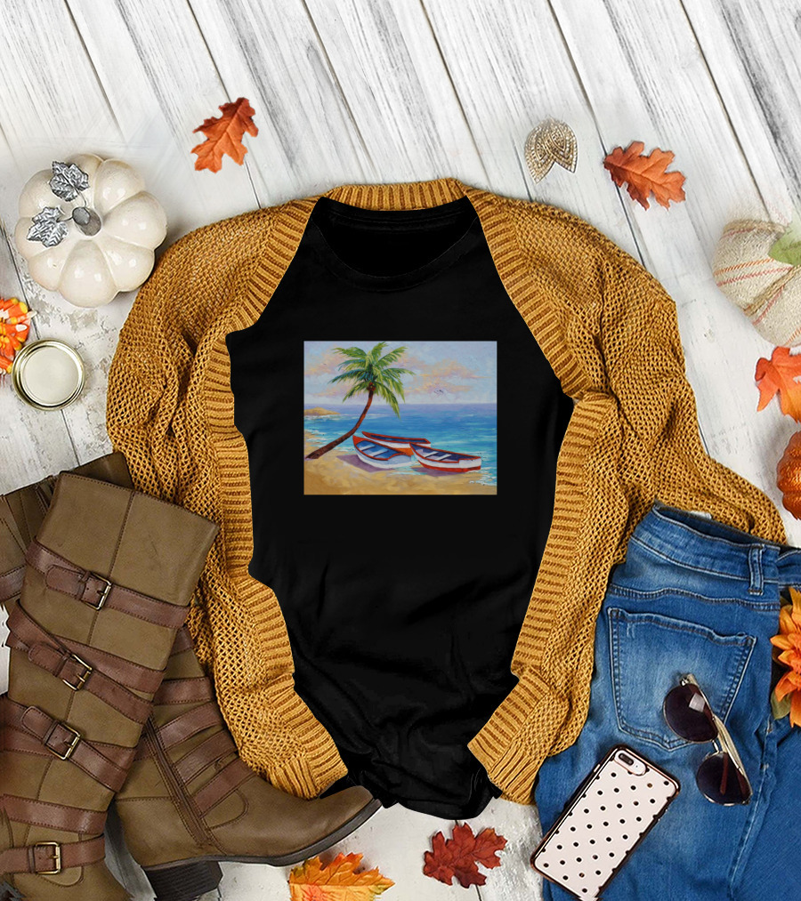 Boats and Palm Tree by the Lake Scene T-Shirt